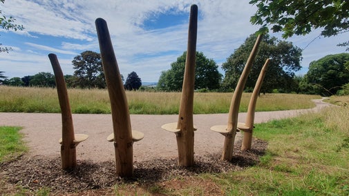 An ornamental bench in the foreground of the meadow at A la Ronde, Devon.